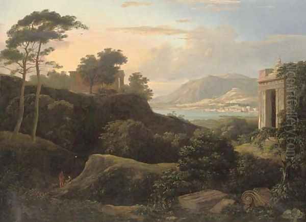 An Italianate coastal landscape, with classical ruins and figures in the foreground, a town beyond Oil Painting by Patrick Gibson