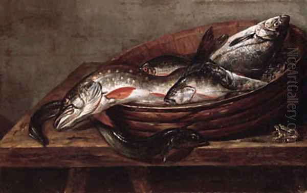 Dead fish in a bowl on a table with a dead frog Oil Painting by Jakob Gillig