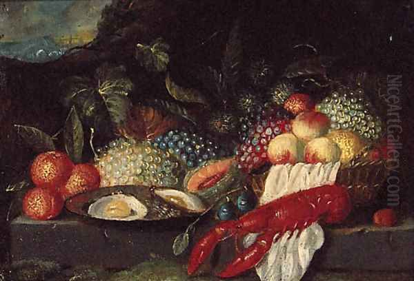 A lobster, a plate of oysters and fruit on a stone ledge in a landscape Oil Painting by Jan Pauwel II the Younger Gillemans