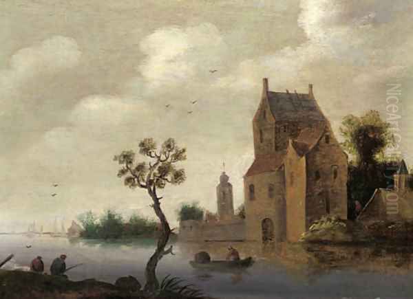 A fortified mansion on a river with fishermen nearby Oil Painting by Jan van Goyen