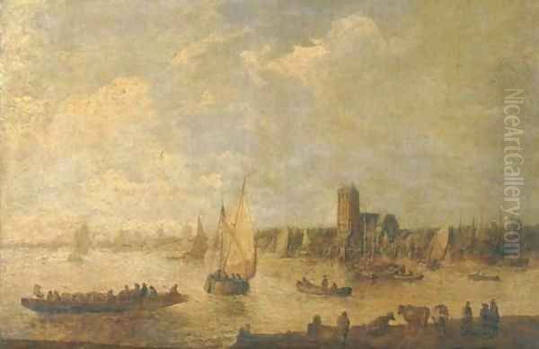 A river landscape with shipping and fishermen in rowing boats and cattle grazing in the foreground, a city beyond Oil Painting by Jan van Goyen