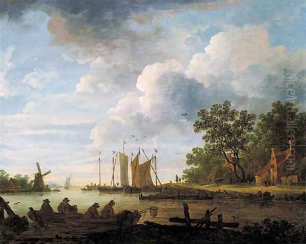 A river landscape on a cloudy day with fishermen with lobsterpots in rowing boats Oil Painting by Jan van Goyen