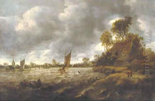 A river landscape with sailing vessels in rough waters, a village beyond Oil Painting by Jan van Goyen