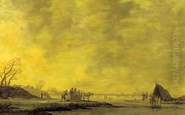 A winterlandscape with villagers on a horsedrawn sledge near a frozen waterway Oil Painting by Jan van Goyen