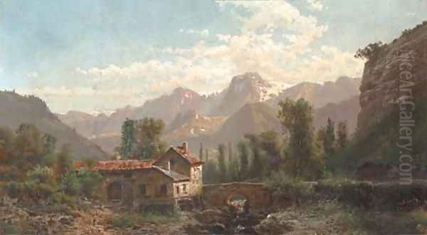 At a bridge in a mountainous landscape Oil Painting by Alfred Godchaux