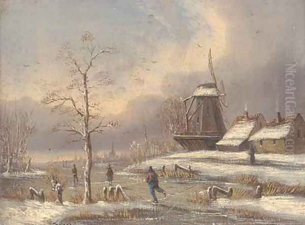 Skaters on a frozen waterway in a Dutch winter landscape Oil Painting by Alfred Godchaux