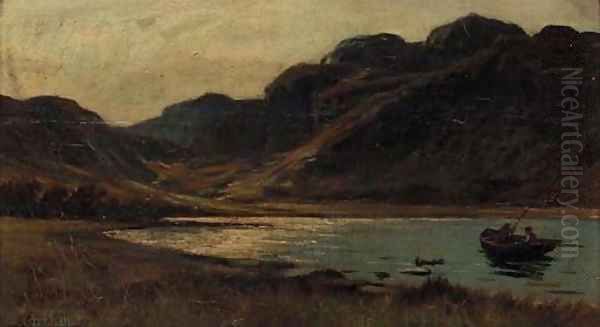 Anglers on a lake before a mountain Oil Painting by Alfred Goodfellow