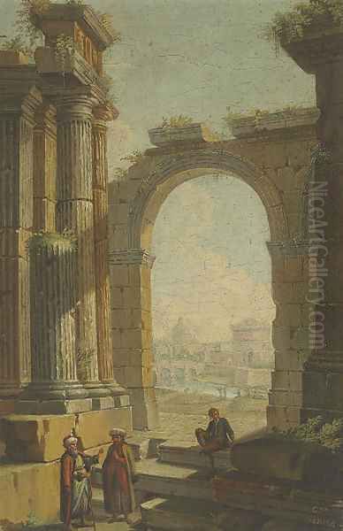 Figures in oriental costume standing in classical ruins Oil Painting by Giovacchino Assereto Genoa