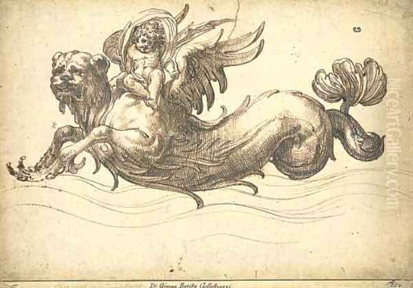 A putto riding on the back of a sea-monster Oil Painting by Giovanni Battista Galestruzzi