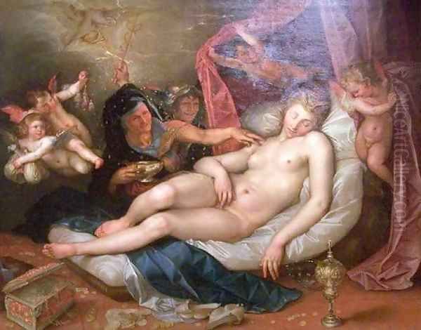 The Sleeping Danae Being Prepared to Receive Jupiter Oil Painting by Hendrik Goltzuis