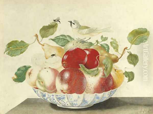 Still life with a bird and insects on a Delft bowl Oil Painting by Johanna Helena Herolt Graff