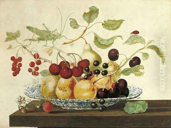 Still life with a grasshoper and a ladybug perched on branches arranged in a Delft bowl Oil Painting by Johanna Helena Herolt Graff