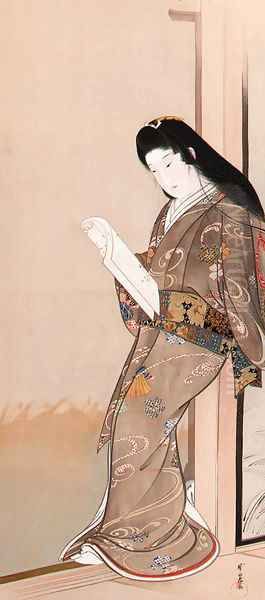 Beauty reading a letter Oil Painting by Kawenabe Gyosui