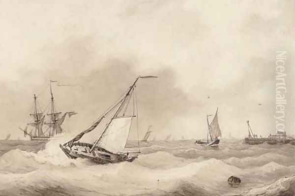 A Dutch barge and other shipping in a stiff offshore breeze Oil Painting by Willem Jun Gruyter