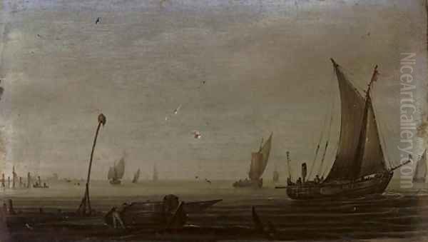 Shipping in calm waters with a moored vessel in the foreground Oil Painting by Hans Goderis