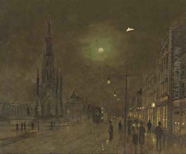 The Scott Memorial and Princes's Street, Edinburgh at night Oil Painting by John Atkinson Grimshaw