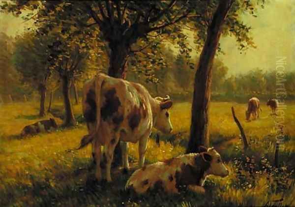 Cattle in a sunlit meadow Oil Painting by Albert Gaullet