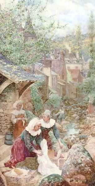 Washerwomen by the stream Oil Painting by Charles Jun Gregory