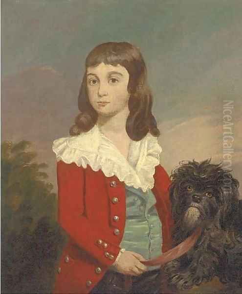 Portrait of a boy, half-length, in a red jacket, a dog by his side Oil Painting by Daniel Gardner