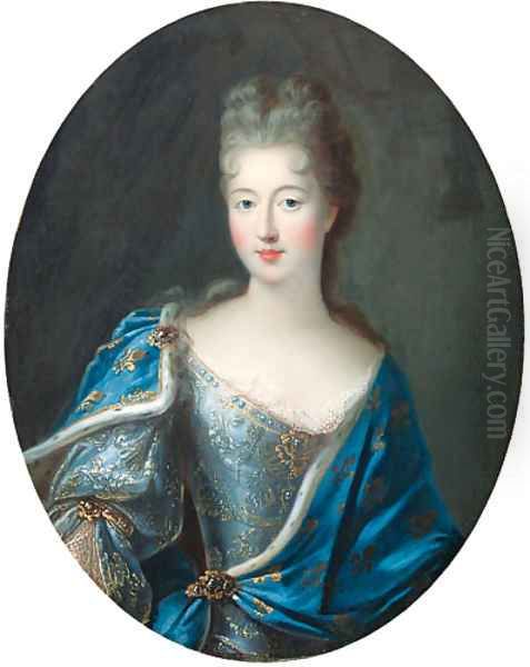 Portrait of Franoise-Marie de Bourbon, Mademoiselle de Blois, Duchesse d'Orleans (1677-1749), half-length, in an embroidered blue dress Oil Painting by Pierre Gobert