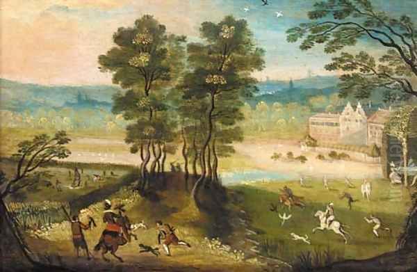 A hunting party in a landscape Oil Painting by Jacob Grimmer