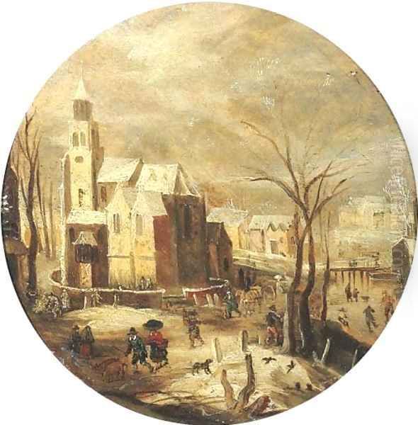 A winter landscape with skaters on a frozen waterway by a castle, peasants returning from market nearby Oil Painting by Jacob Grimmer