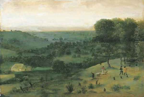 An extensive wooded landscape with huntsmen, a peasant and cattle in the distance Oil Painting by Jacob Grimmer