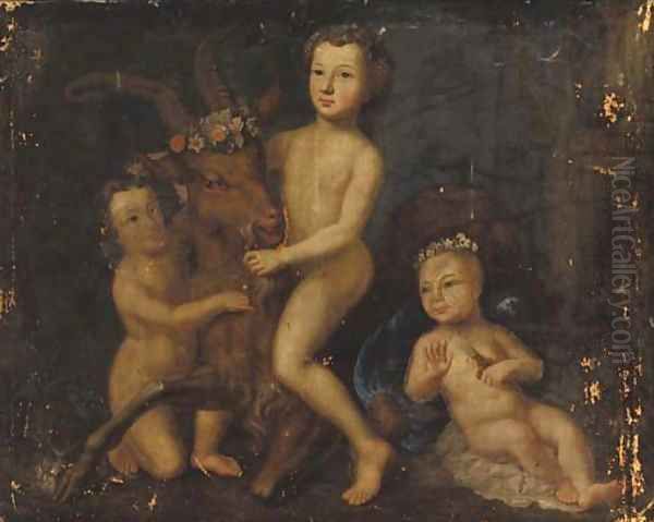 Three putti playing with a goat Oil Painting by Barthelemy Guillibaud