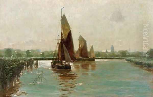 Sailing in a riverlandscape Oil Painting by Erwin Carl Wilhelm Gunther