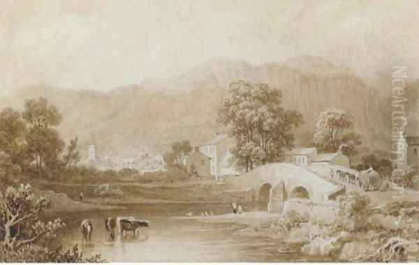 Keswick from Greta Bridge Oil Painting by Henri Gastineau