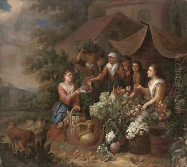 Fruit and vegetable sellers by a church Oil Painting by An Pauwel II The Younger Gillemans