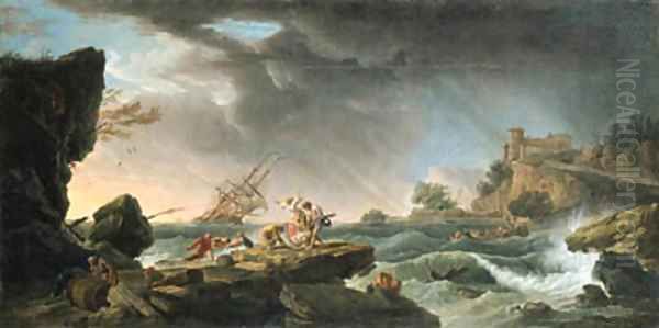 A shipwreck in stormy seas with survivors on a rocky outcrop Oil Painting by Francois Valentin Gazard