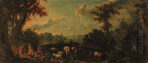 A milkmaid with cattle and sheep in an extensive wooded river landscape Oil Painting by Giuseppe Gambarini