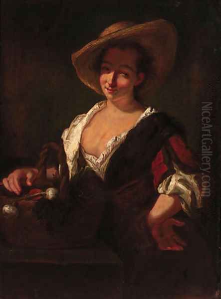 A peasant woman with a basket of fruit Oil Painting by Jean-Alexis Grimou