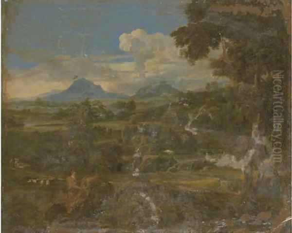 A classical landscape with a figure by a rock Oil Painting by Johannes (Polidoro) Glauber