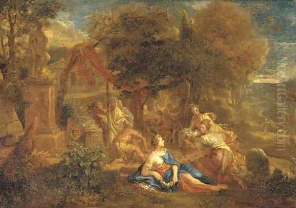 A classical landscape with an altar, a banquet and maidens with flowers and doves in the foreground Oil Painting by Johannes (Polidoro) Glauber