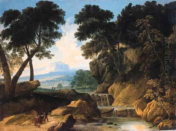 A traveller conversing with a gypsy woman on a road by a waterfall Oil Painting by Johannes (Polidoro) Glauber