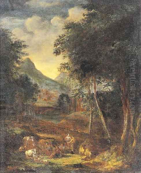 A wooded river landscape with figures and cattle in the foreground, a town beyond Oil Painting by Johannes (Polidoro) Glauber