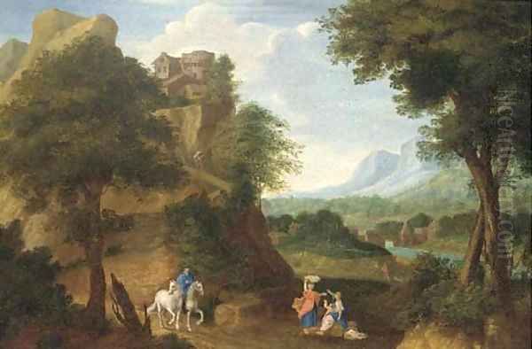 A river valley with a fortified house on a hill and a horseman and other figures on a track Oil Painting by Johannes (Polidoro) Glauber