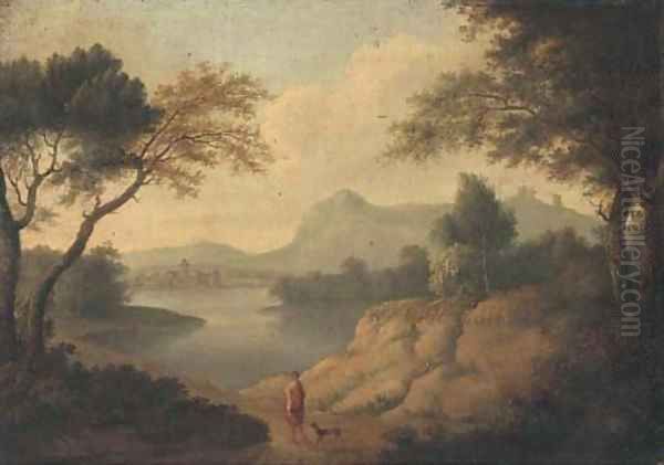 A wooded river landscape with a classical figure and a dog on a track Oil Painting by Johannes (Polidoro) Glauber