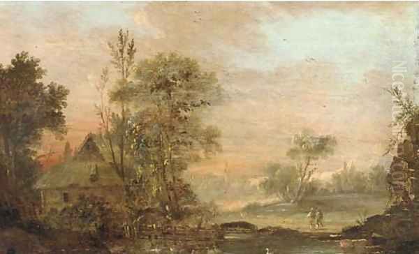 A river landscape with travellers on a track Oil Painting by Norbert Joseph Carl Grund