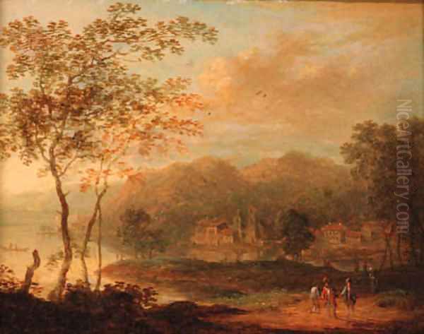 Rhenish landscapes with travellers on a track Oil Painting by Norbert Joseph Carl Grund