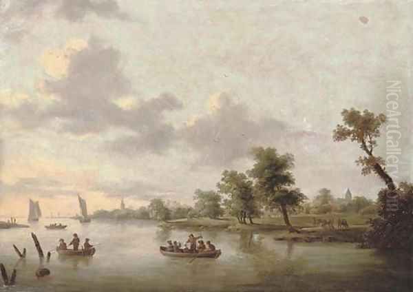 A river landscape with anglers in boats, a village beyond Oil Painting by Norbert Joseph Carl Grund