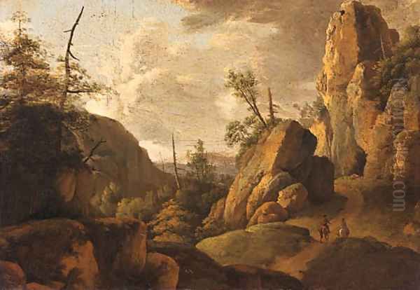 A rocky landscape with horsemen on a track Oil Painting by Norbert Joseph Carl Grund