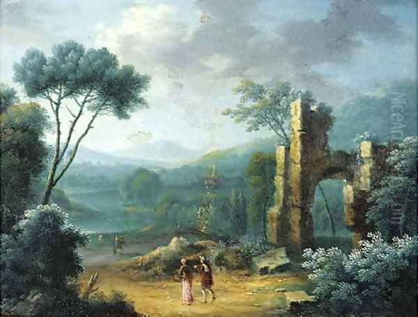 A wooded landscape with figures on a path by classical ruins Oil Painting by Norbert Joseph Carl Grund