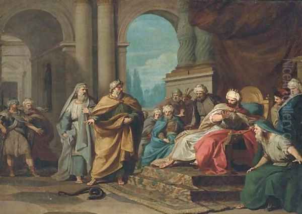 Moses transforming his rod into a snake in front of the Pharaoh and his magicians Oil Painting by Felice Gianni