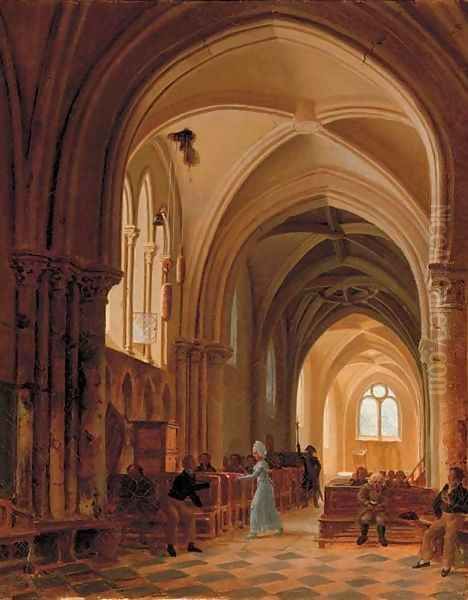 In a sunlit church Oil Painting by Francois Marius Granet