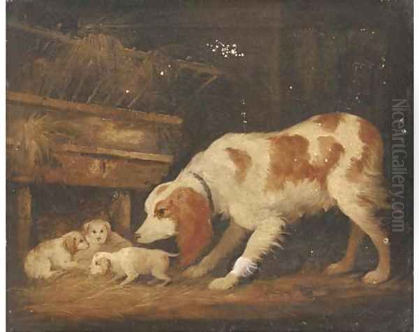 A spaniel with her pups in a barn Oil Painting by George Garrard