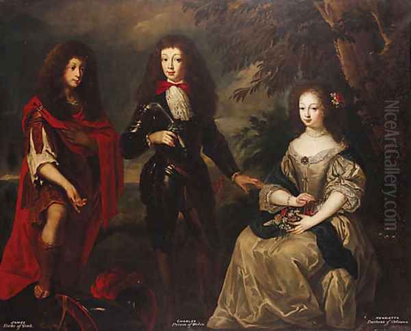 Group Portrait of James, Duke of York, Charles, Prince of Wales and Henrietta, Duchess of Orleans Oil Painting by Henri Gascars