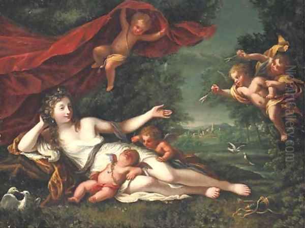 Venus and Cupid with attendant putti, a classical landscape beyond Oil Painting by Henri Gascars